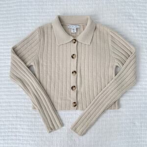 New London Kaye Long Sleeve Cropped Button Up Knit Sweater Top Cream Tan Size S